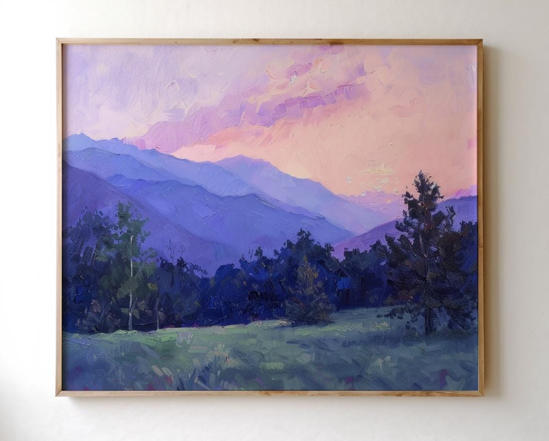Twilight Sunset Mountains Original Wall Art - Vintage Canvas Print, Large Oil Painting Landscape Art, Mountains