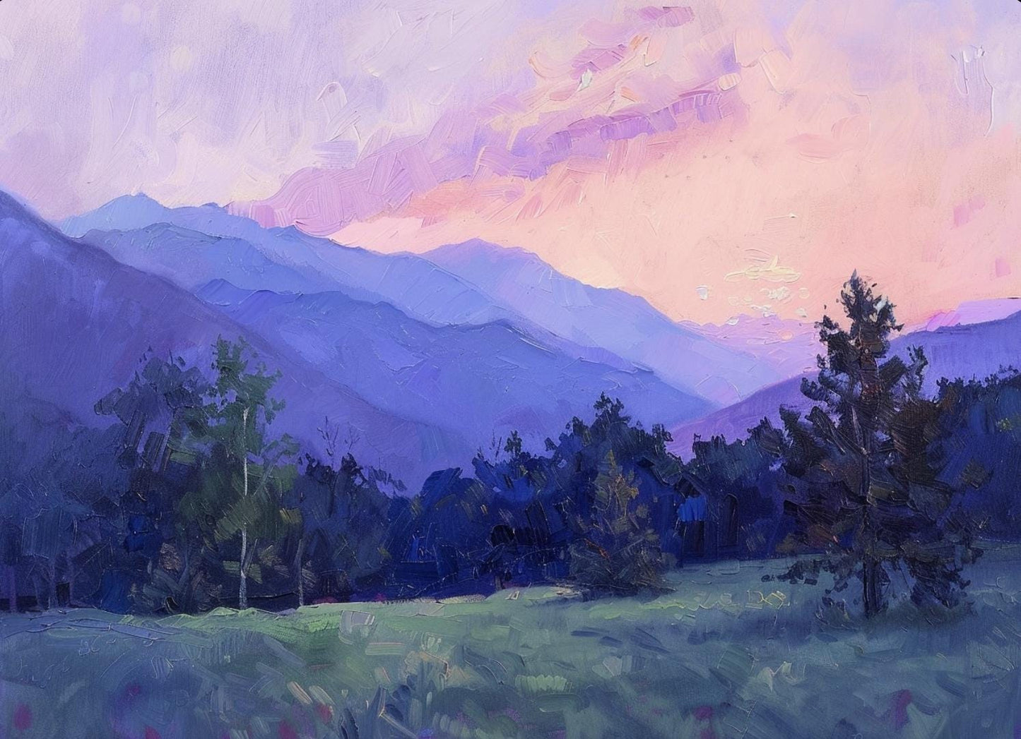 Twilight Mountain landscape oil painting, vintage art