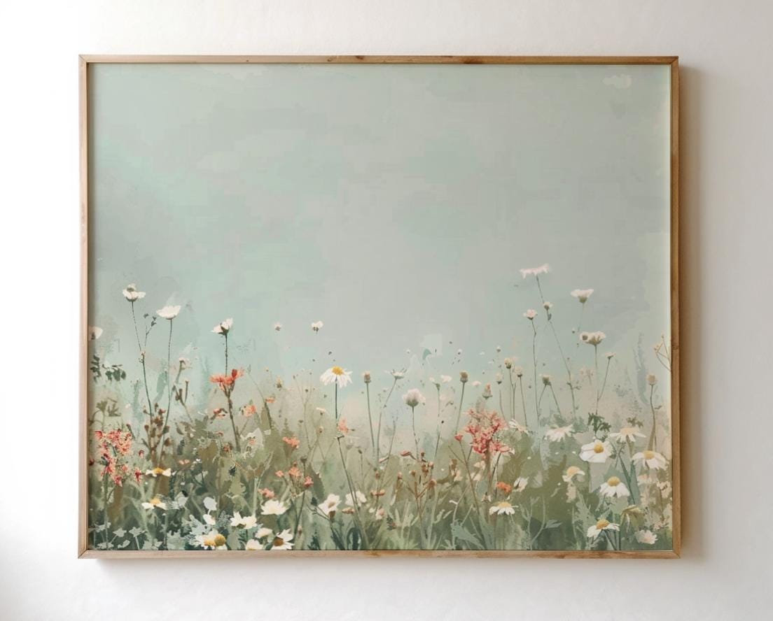 Vintage Floral Landscape, Framed Canvas Print, Large Oil Painting, Flowers Wall Decor, Beautiful Farmhouse Art