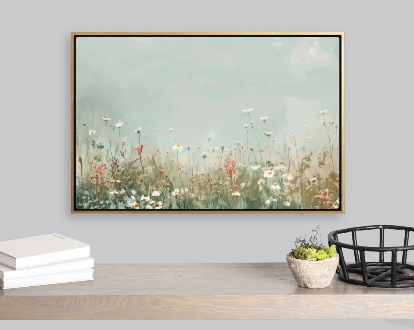 Vintage Floral Landscape, Framed Canvas Print, Large Oil Painting, Flowers Wall Decor, Beautiful Farmhouse Art