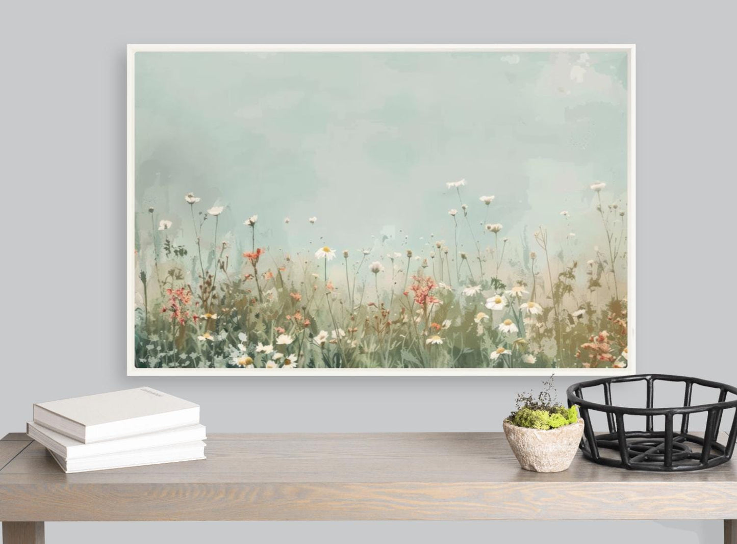 Vintage Floral Landscape, Framed Canvas Print, Large Oil Painting, Flowers Wall Decor, Beautiful Farmhouse Art