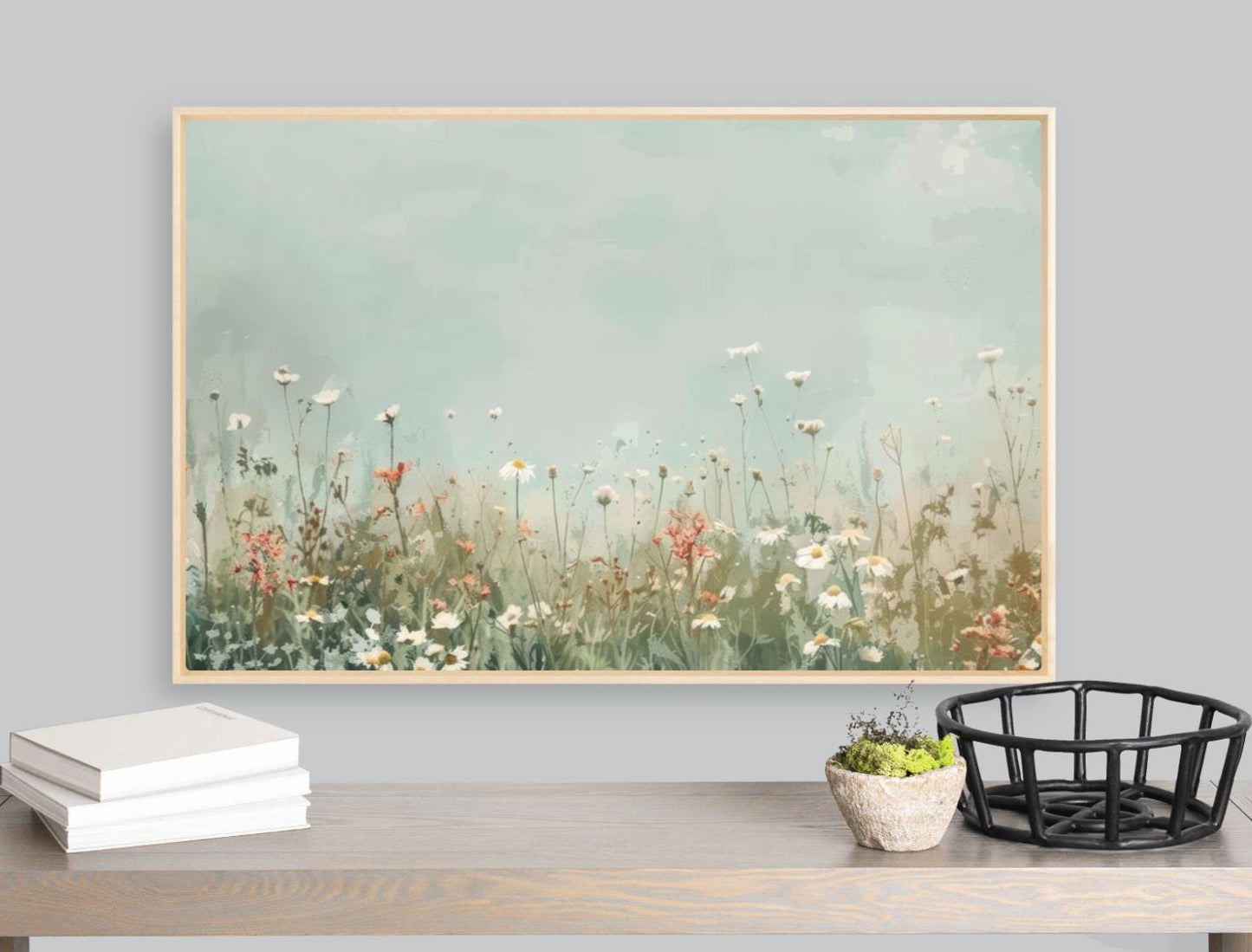 Vintage Floral Landscape, Framed Canvas Print, Large Oil Painting, Flowers Wall Decor, Beautiful Farmhouse Art