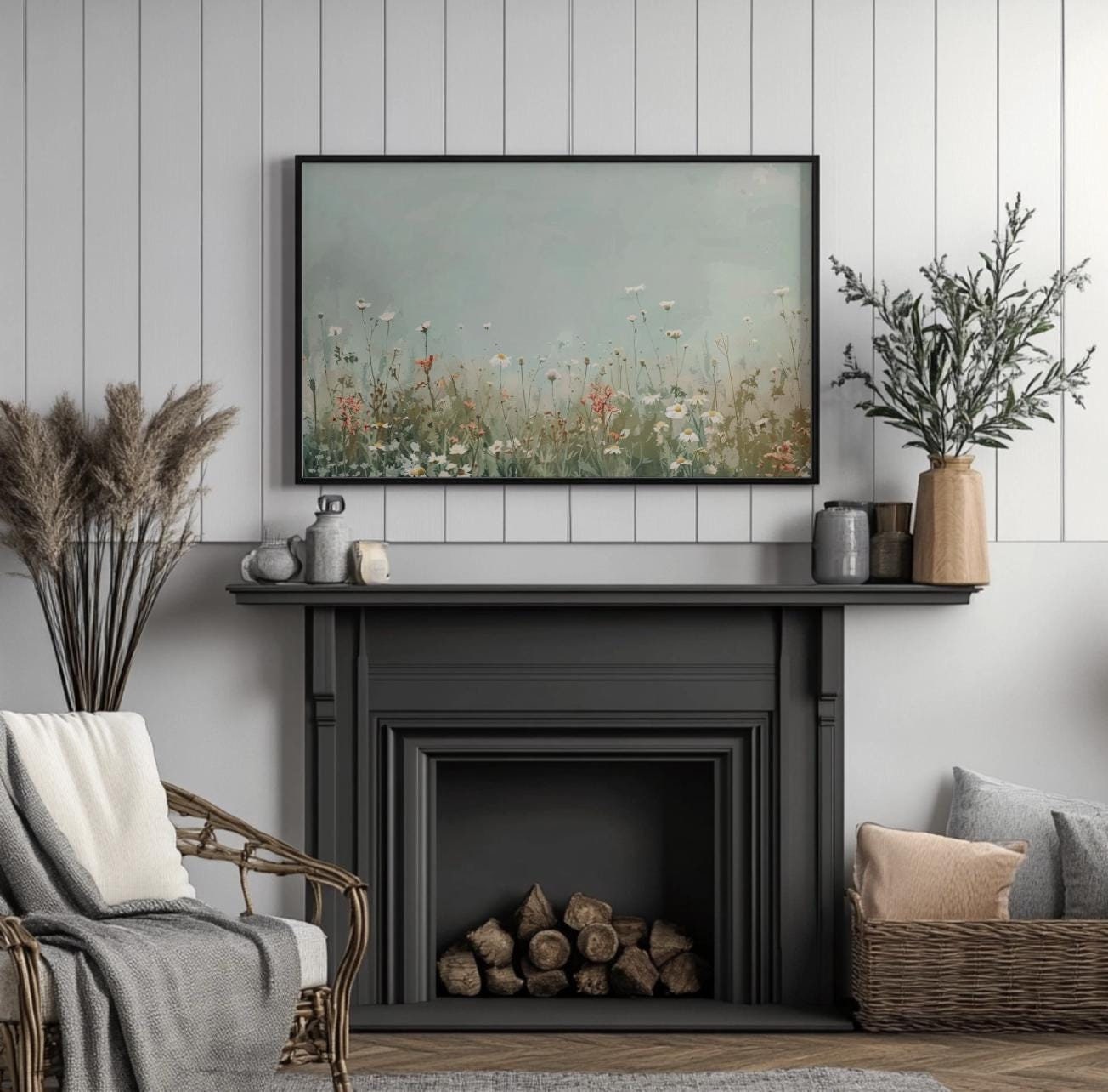 Vintage Floral Landscape, Framed Canvas Print, Large Oil Painting, Flowers Wall Decor, Beautiful Farmhouse Art