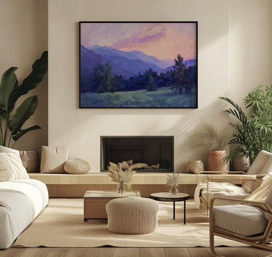 Twilight Sunset Mountains Original Wall Art - Vintage Canvas Print, Large Oil Painting Landscape Art, Mountains
