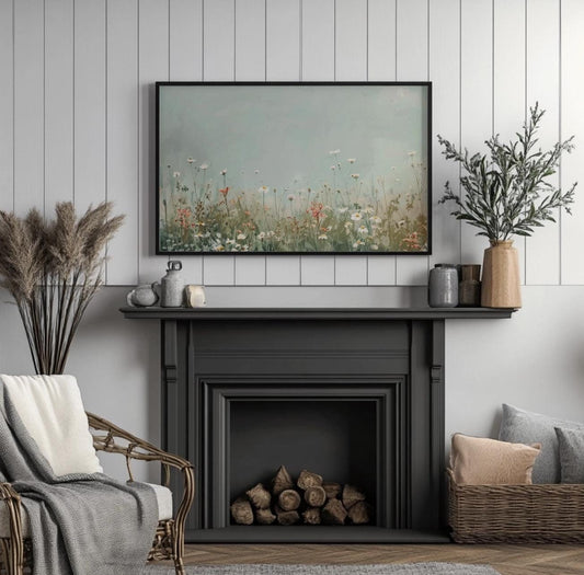 Vintage Floral Landscape, Framed Canvas Print, Large Oil Painting, Flowers Wall Decor, Beautiful Farmhouse Art