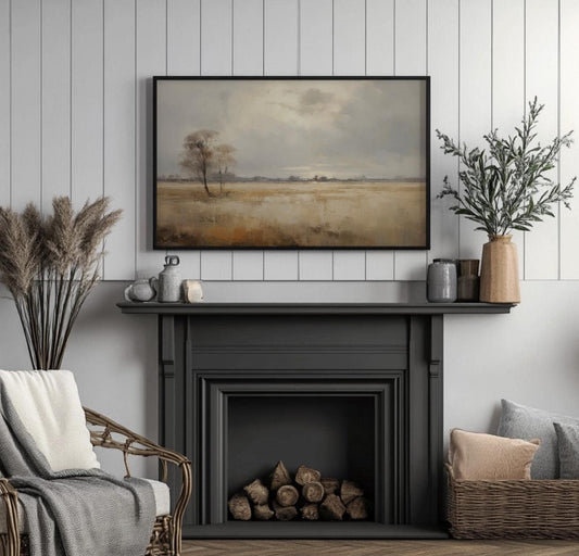Vintage Meadow Landscape Canvas Print, Large Oil Painting, Farmhouse Style Wall Art, Original Vintage Landscape Art